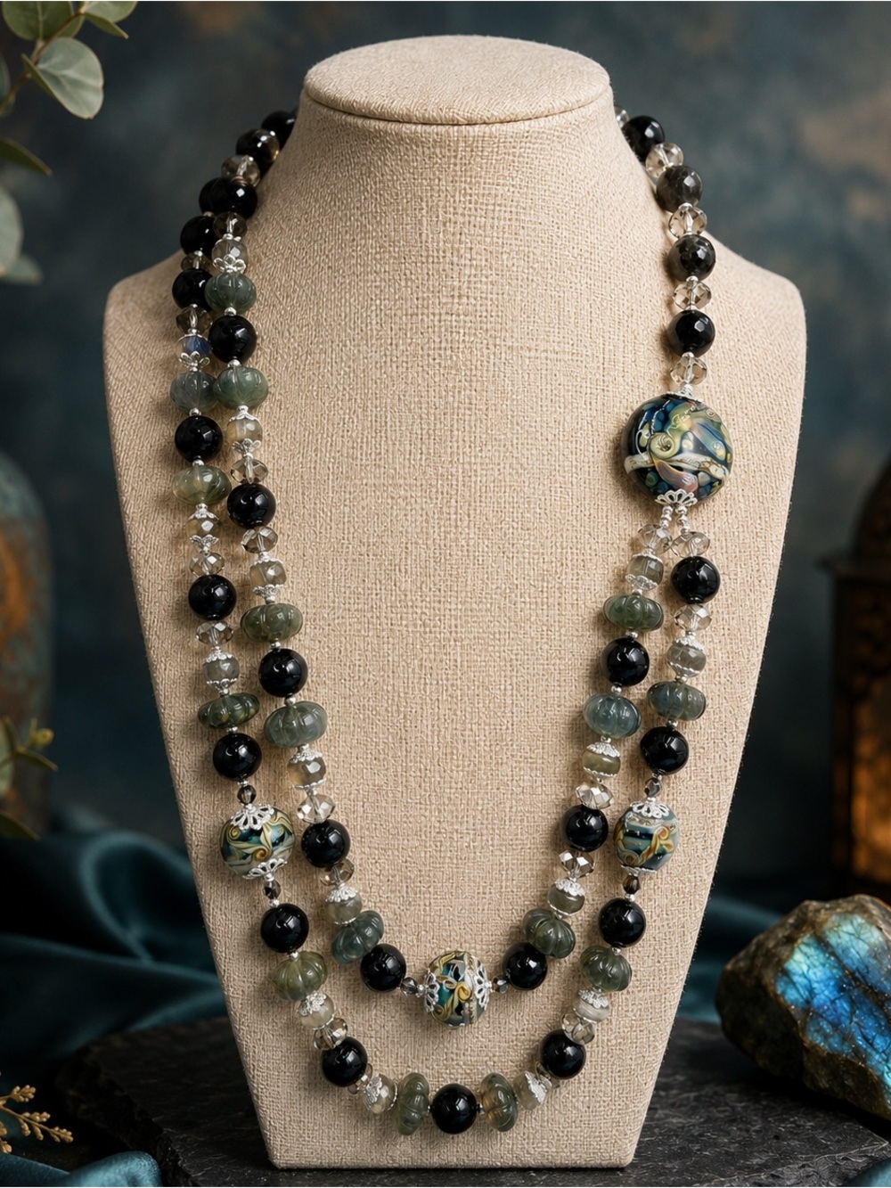 Artisan Carved Faceted Labradorite, Onyx & Lampwork Glass Double-Strand Necklace